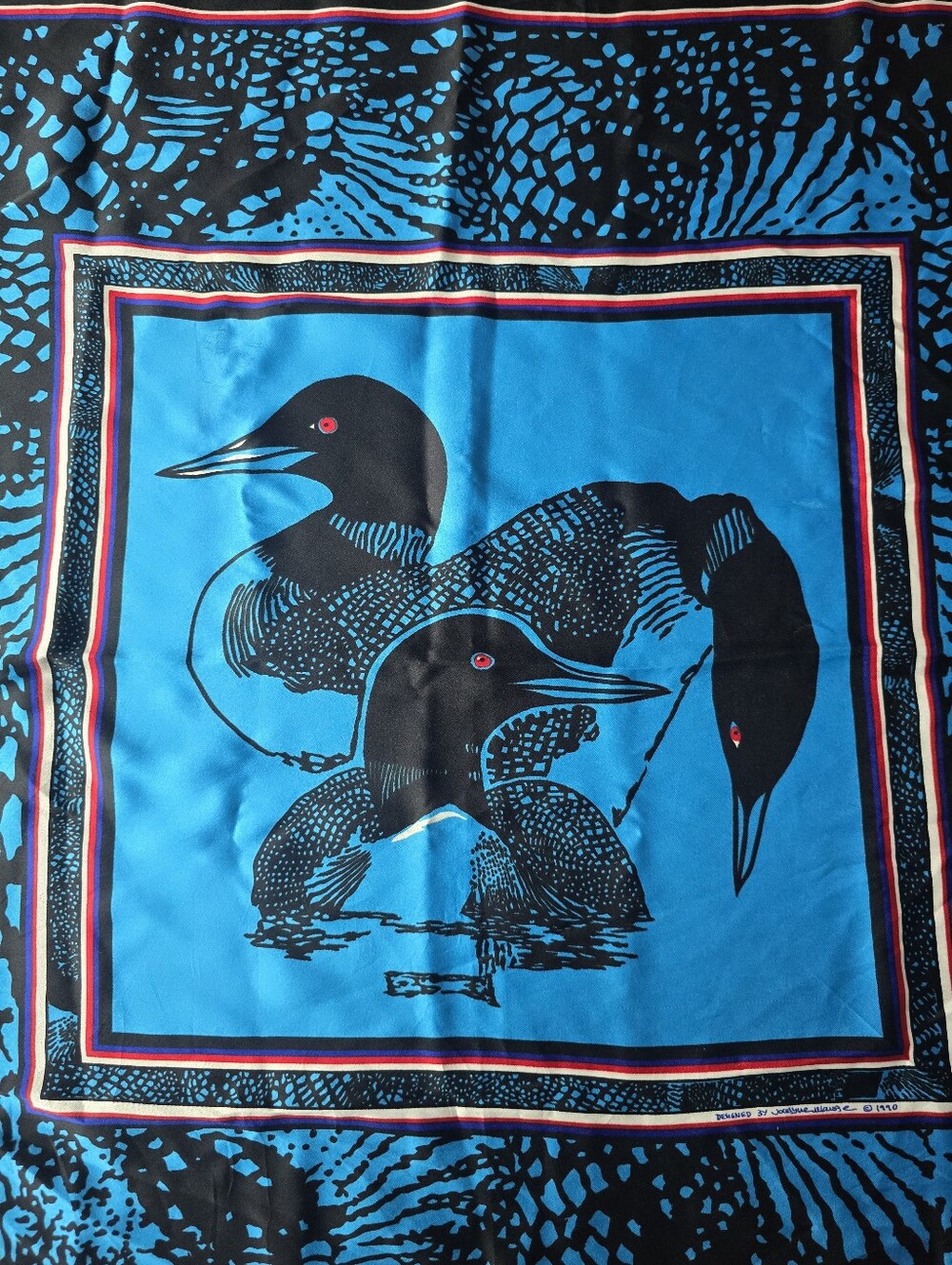 Vintage 1990 BOMA Loon Scarf Artist Signed Jocelyne Mange Blue Black 30" Square